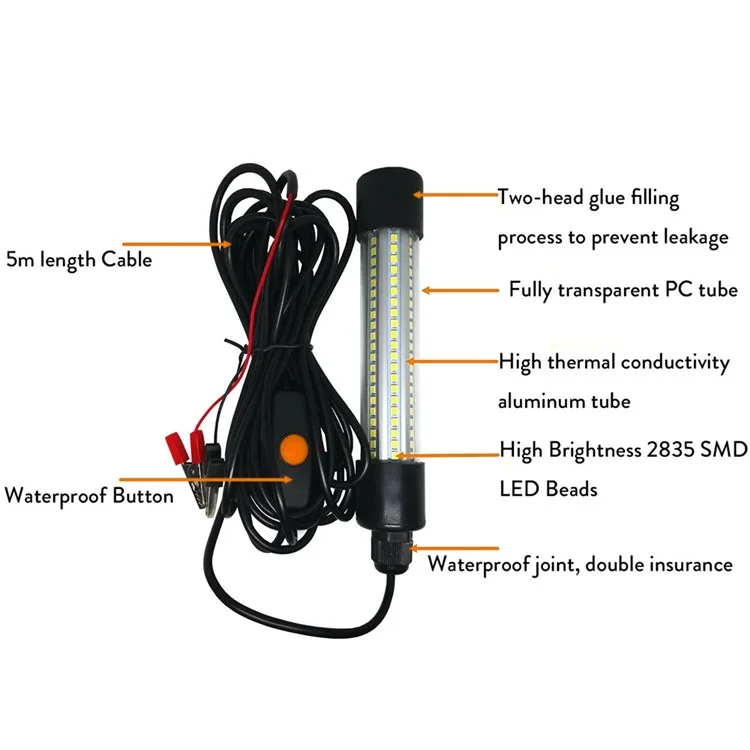 Lampe de pêche sous-marine LED avec câble de 5m, Lampe d'attraction de poissons étanche haute luminosité avec pince - Lumière verte 13W