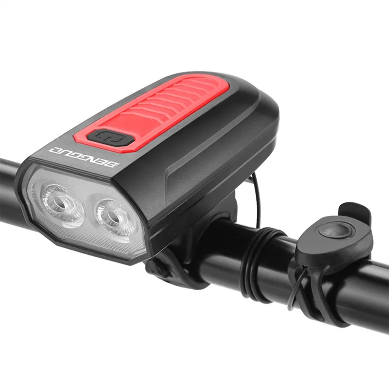 BENGGUO BG-7593 Bicycle Headlight with Horn Rechargeable 2 in 1 Night Cycling 2-LED Front Light - Black+Red