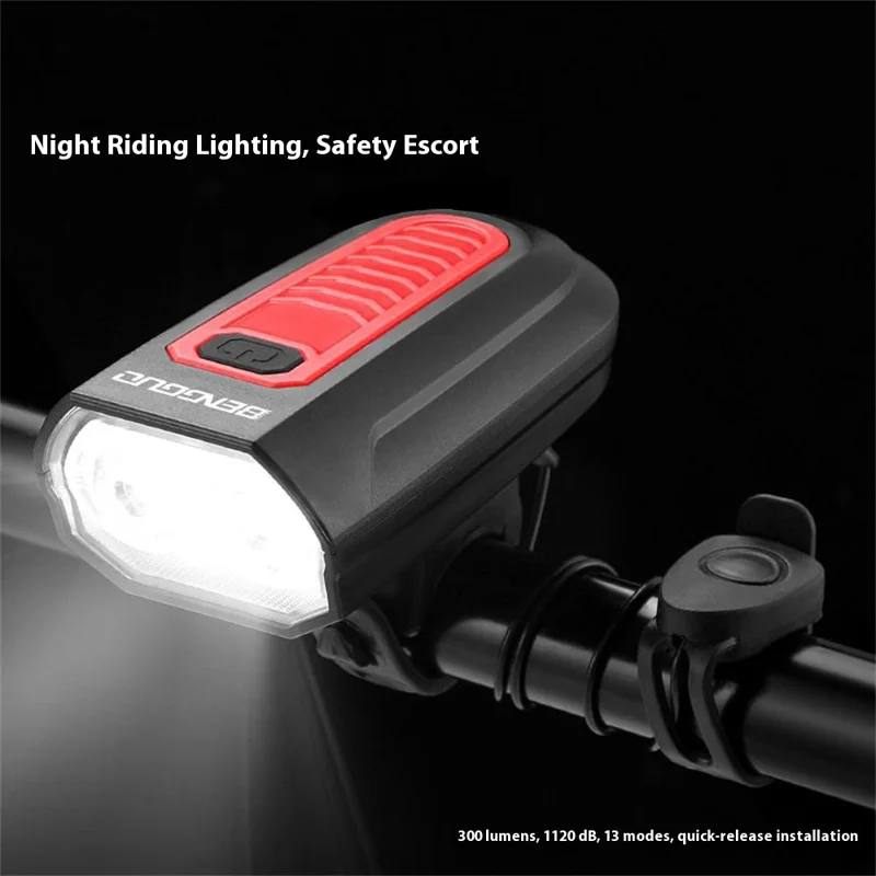 BENGGUO BG-7593 Bicycle Headlight with Horn Rechargeable 2 in 1 Night Cycling 2-LED Front Light - Black+Red