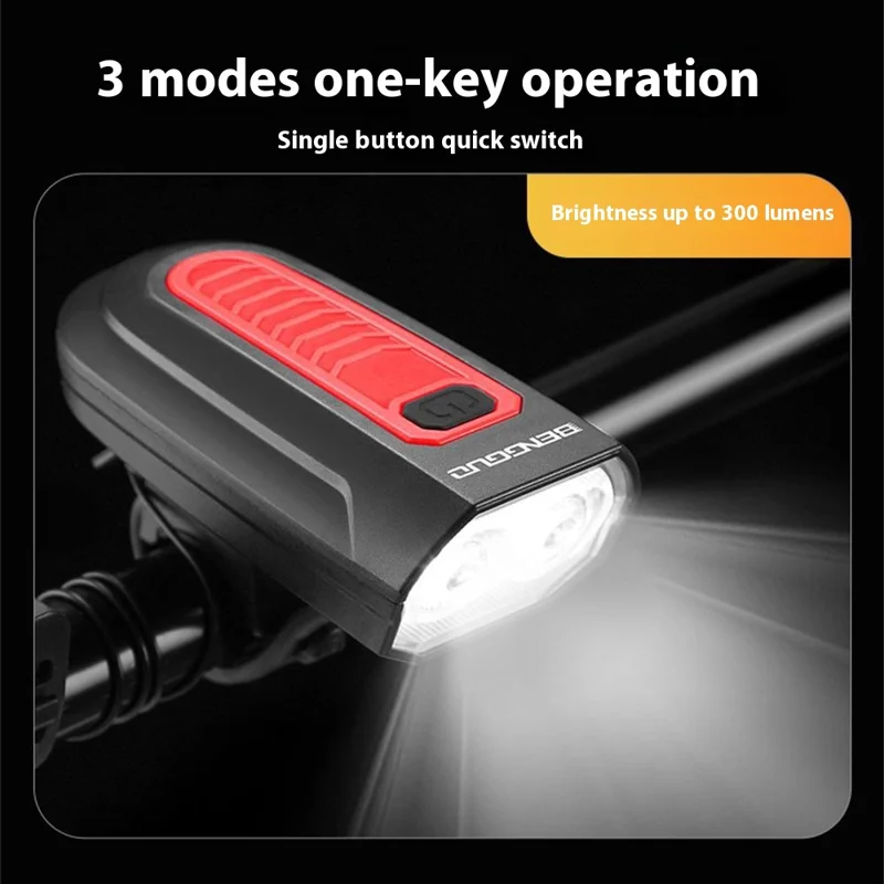 BENGGUO BG-7593 Bicycle Headlight with Horn Rechargeable 2 in 1 Night Cycling 2-LED Front Light - Black+Red