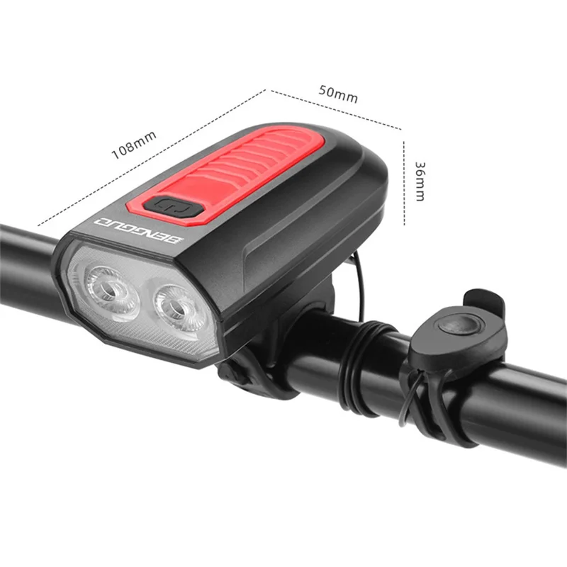 BENGGUO BG-7593 Bicycle Headlight with Horn Rechargeable 2 in 1 Night Cycling 2-LED Front Light - Black+Red