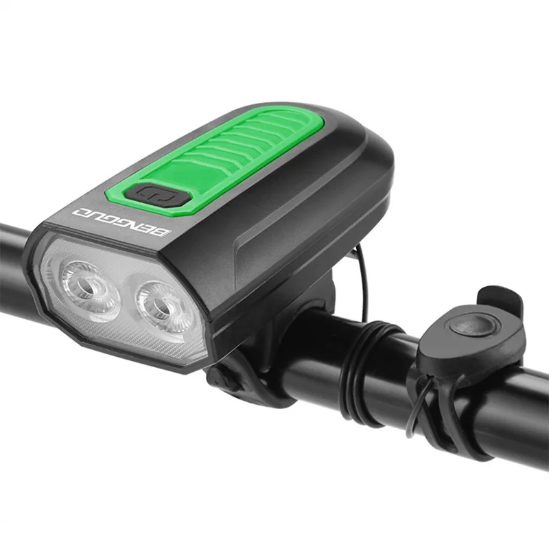 BENGGUO BG-7593 Bicycle Headlight with Horn Rechargeable 2 in 1 Night Cycling 2-LED Front Light - Black+Green