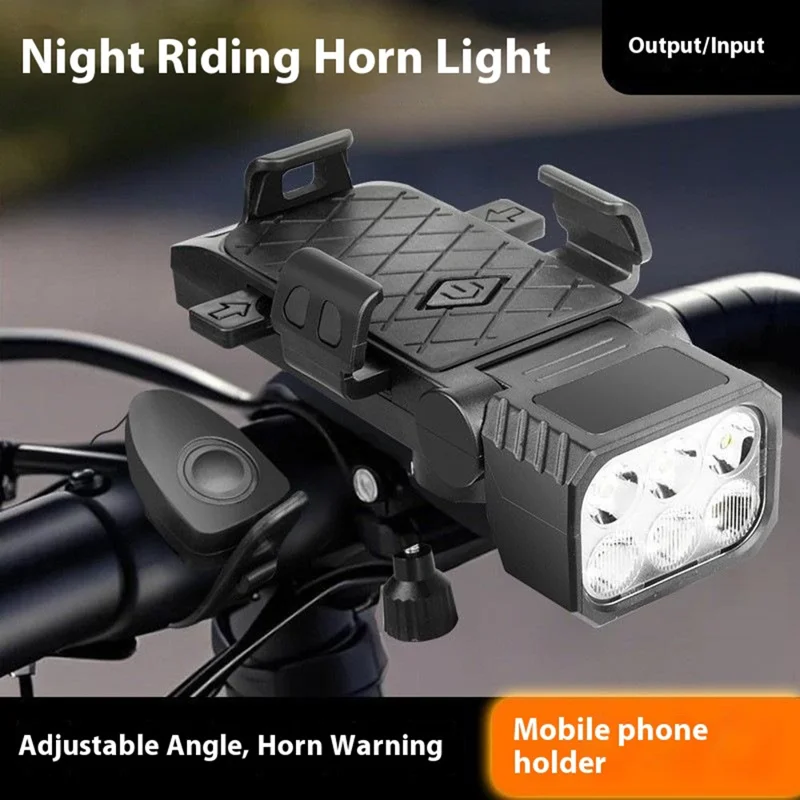 Luce anteriore per bicicletta 4-in-1 Supporto per telefono con clacson Accessorio per biciclette da montagna - Nero