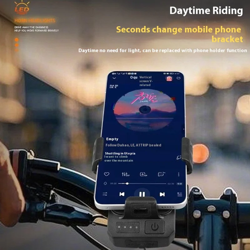 Luce anteriore per bicicletta 4-in-1 Supporto per telefono con clacson Accessorio per biciclette da montagna - Nero