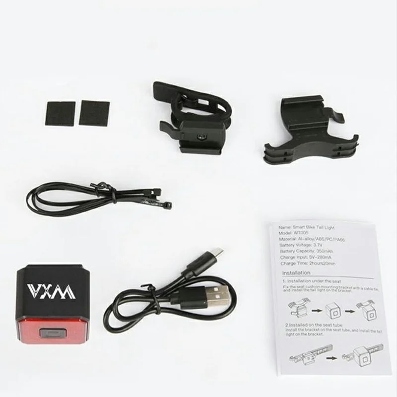 WT005 For Bicycle Smart Brake Sensing Square Tail Light USB Rechargeable Night Riding Warning Lamp