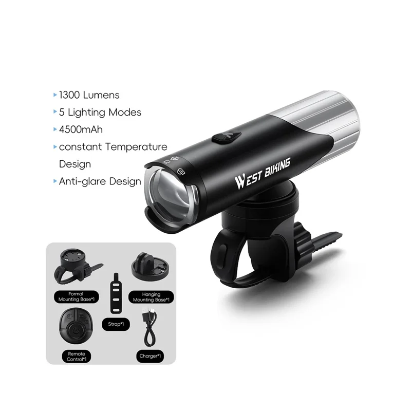 WEST BIKING YP0701496 1300 Lumens Bike Front Light Wireless Remote Control High Brightness Cycling Headlight