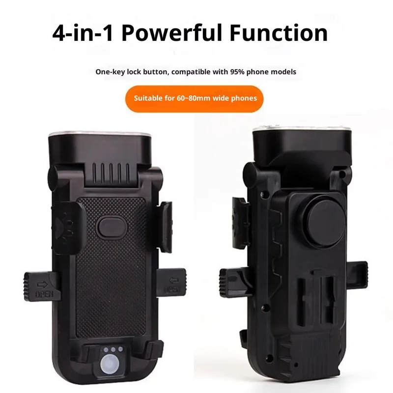 4 in 1 Bike Front Light Bicycle Headlight Phone Holder with Speaker / Power Bank Function for 4.5-6.5 Inch Phones - Black