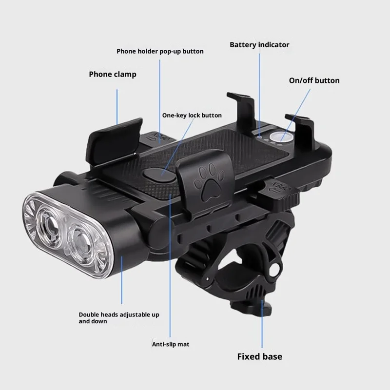4 in 1 Bike Front Light Bicycle Headlight Phone Holder with Speaker / Power Bank Function for 4.5-6.5 Inch Phones - Black