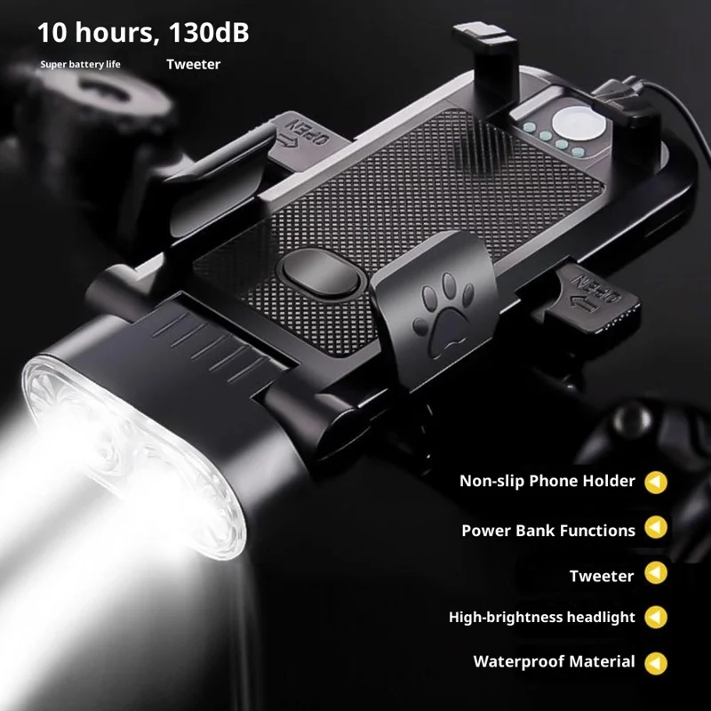 4 in 1 Bike Front Light Bicycle Headlight Phone Holder with Speaker / Power Bank Function for 4.5-6.5 Inch Phones - Black
