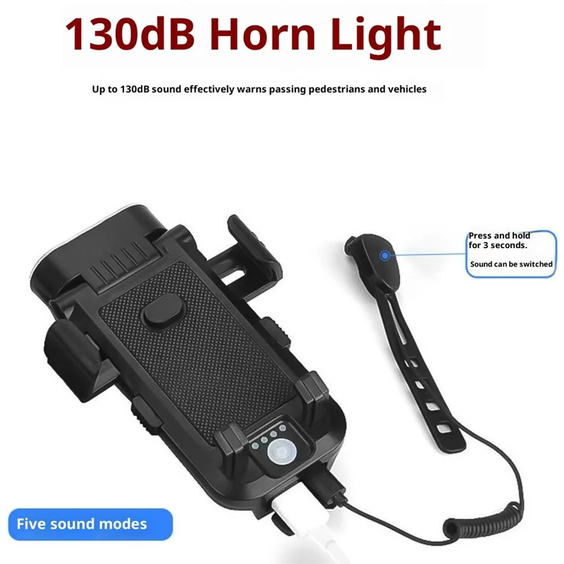 4 in 1 Bike Front Light Bicycle Headlight Phone Holder with Speaker / Power Bank Function for 4.5-6.5 Inch Phones - Black