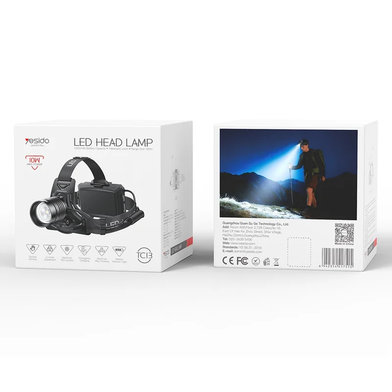 YESIDO TC13 LED Stirnlampe 500LM wiederaufladbar mit Bewegungssensor 3 Modi schwenkbar für Outdoor Angeln