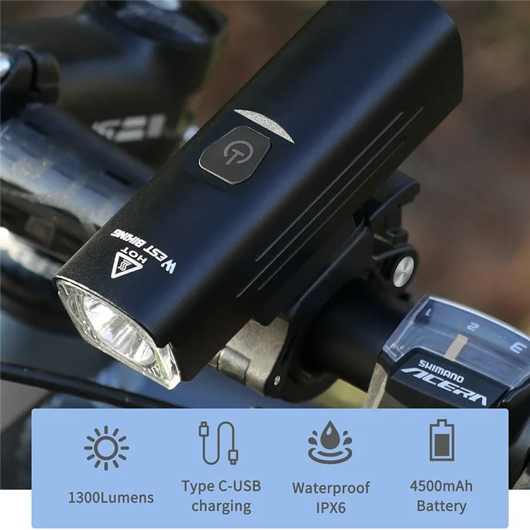 WEST BIKING YP0701295 1300LM Mountain Bike Headlight USB Rechargeable Flashlight