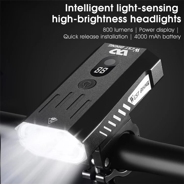 WEST BIKING YP0701315 Luzes de Bicicleta 800 Lúmens Ultra Brilhante USB Recarregável Luz de Guiador Poderosa Farol Dianteiro de Bicicleta 5 Modos de Luz Fácil de Instalar - Preto
