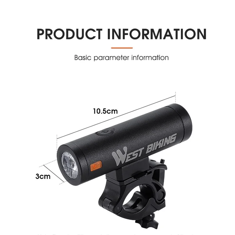 WEST BIKING YP0701323 Super Bright LED Bike Front Light Rechargeable Bicycle Night Cycling Safety Lamp Torch - Black