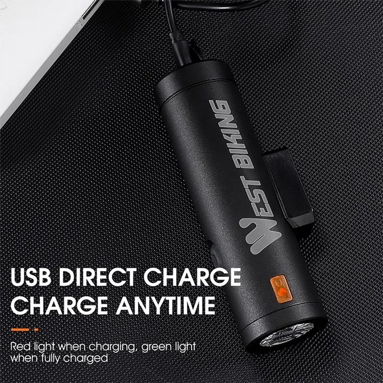 WEST BIKING YP0701323 Super Bright LED Bike Front Light Rechargeable Bicycle Night Cycling Safety Lamp Torch - Black