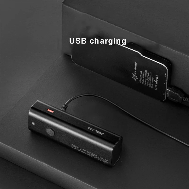 ROCKBROS RHL600 Super Bright Bike Headlight Night Safety Bicycle Front Light Flashlight USB Rechargeable IPX6 Waterproof Torch - Black