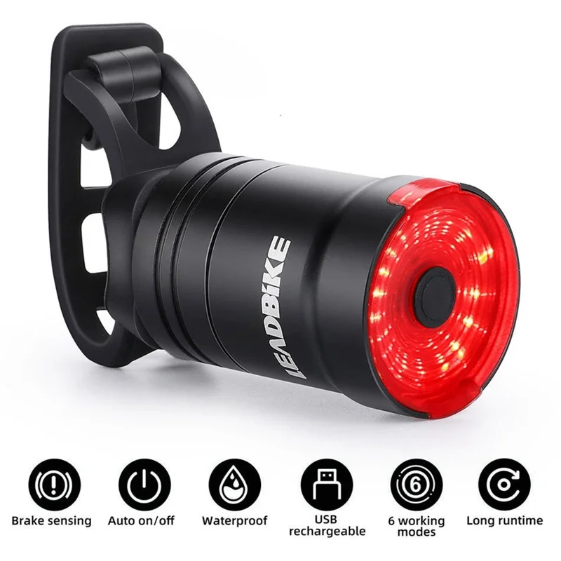 LEADBIKE LD43 Cykel Smart Bremsetæller Baglygte Vandtæt Cykelsæde Bagvendt Advarselslygte med USB-opladning - Holder monteringsversion