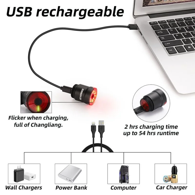 LEADBIKE LD43 Cykel Smart Bremsetæller Baglygte Vandtæt Cykelsæde Bagvendt Advarselslygte med USB-opladning - Holder monteringsversion