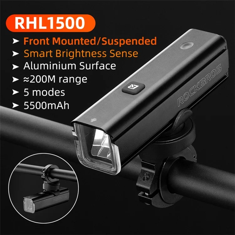 ROCKBROS RHL1500 Outdoor Bike Headlight Bicycle Strong Light Flashlight Cycling Bicycle Safety Lamp (Standard Version)