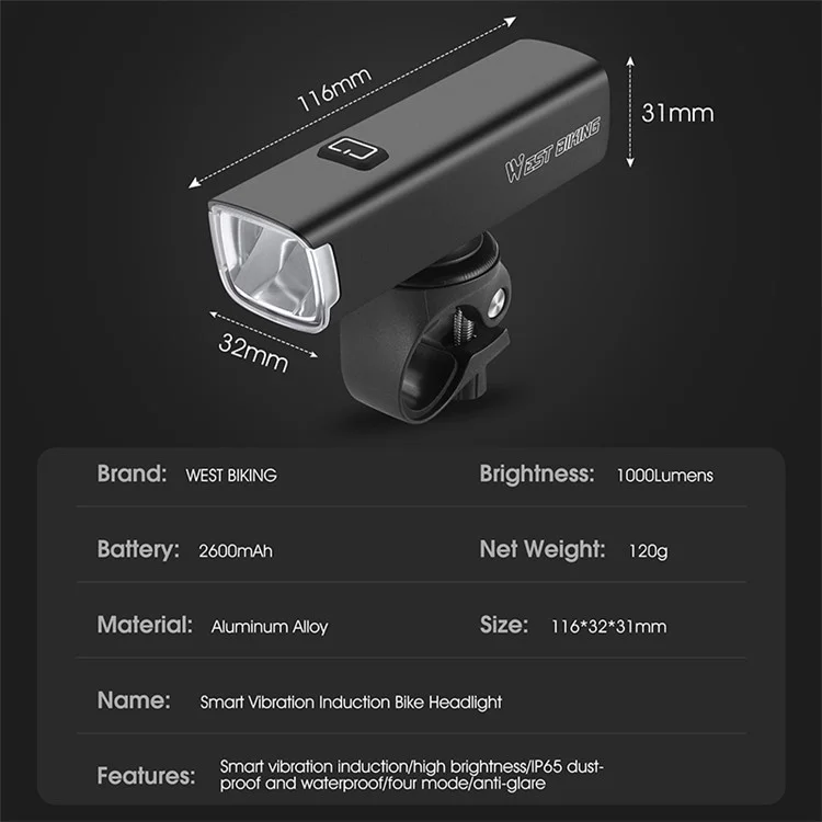 West Bicking YP0701353 Bicicleta de Indução de Vibração Inteligente IP65 Lâmpada de Bicicleta à Prova D'água de Alto Brilho à Prova D'água