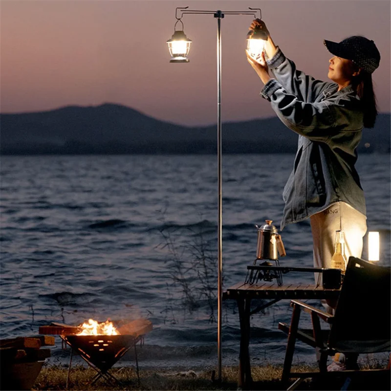 SHINETRIP A317 Portable Folding Aluminum Alloy Camping Lamp Hanging Pole Dual Head Lantern Holder - Black