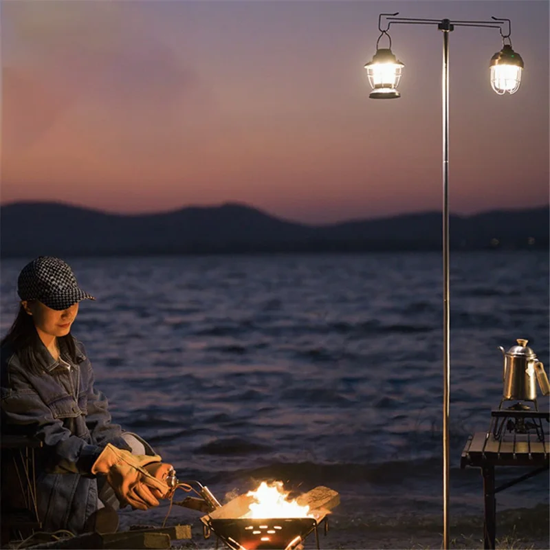 SHINETRIP A317 Portable Folding Aluminum Alloy Camping Lamp Hanging Pole Dual Head Lantern Holder - Black