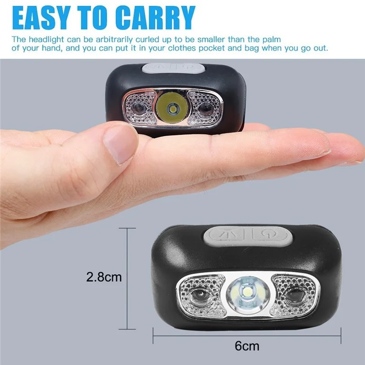 Mini Headlight 350 Lumens Motion Sensor COB XPE LED Light USB Rechargeable Headlamp - Black