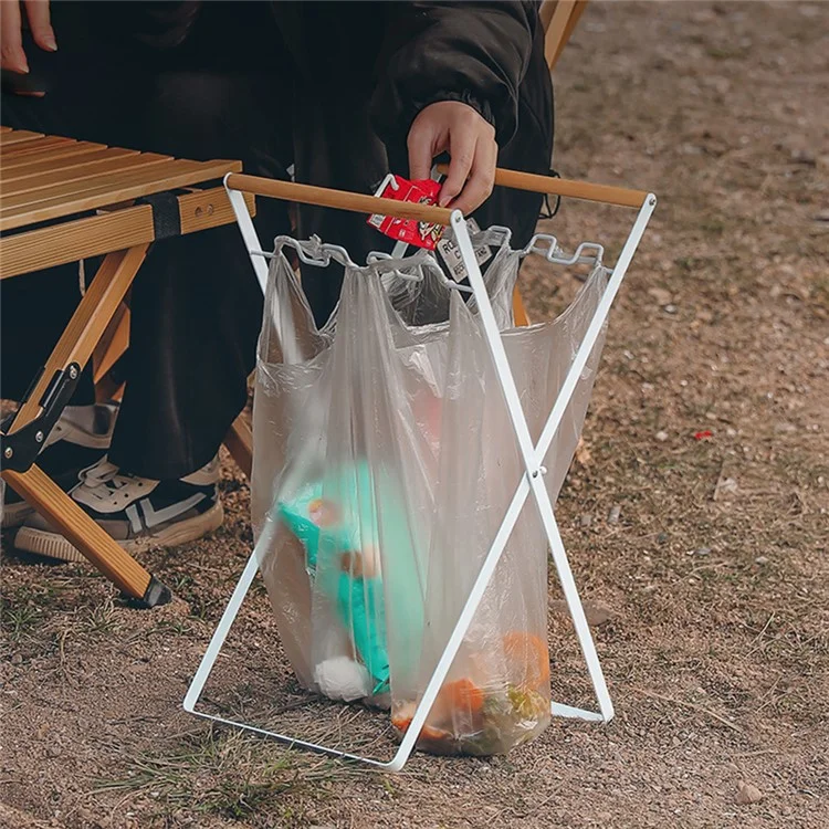 Soporte de bolsa de basura HALIN Iron+Wood Portátil Colgador de bolsa de basura al aire libre para camping y senderismo - Blanco