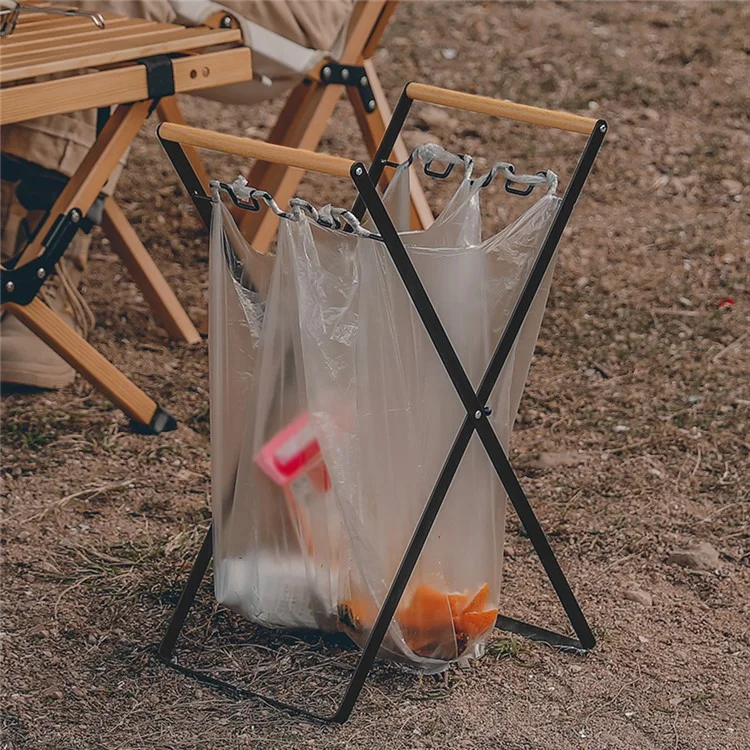 Soporte de bolsa de basura HALIN Iron+Wood Portátil Colgador de bolsa de basura al aire libre para camping y senderismo - Blanco