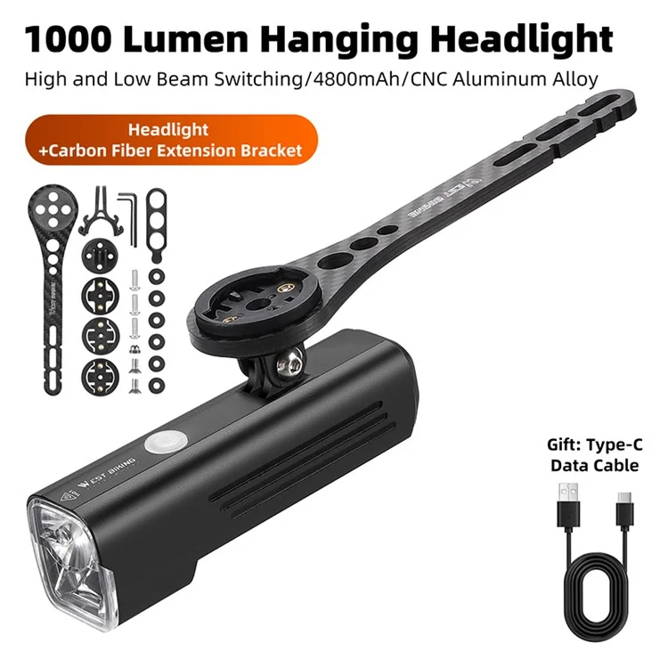 WEST BIKING 1000 Lumens Bicycle Front Headlight Bike Hanging Lights with Carbon Fiber Stopwatch Extension Stand