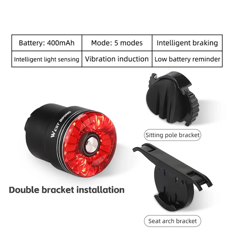 WEST BIKING W4S Intelligent Taillight Bicycle Brake Sensor Cycling Tail Lights - Red / Arc