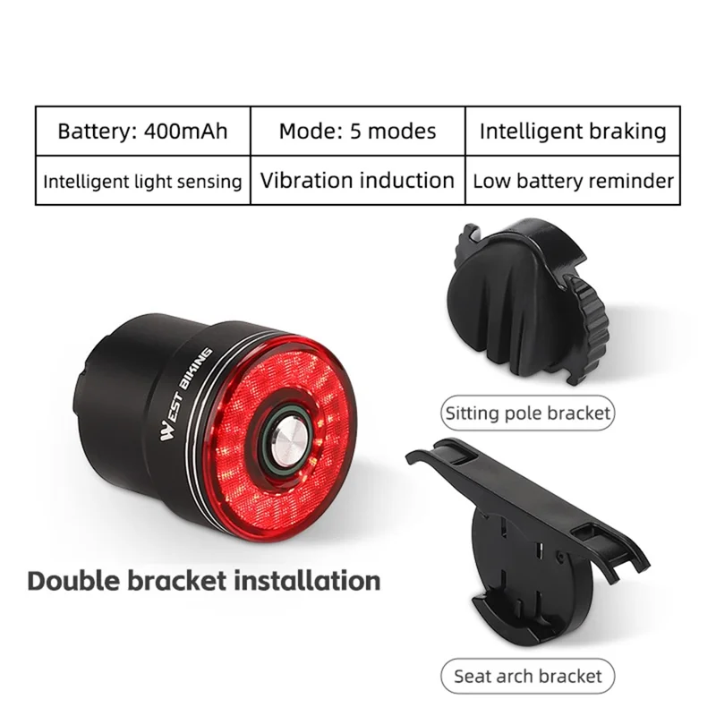 WEST BIKING W4S Intelligent Taillight Bicycle Brake Sensor Cycling Tail Lights - Red / Flat