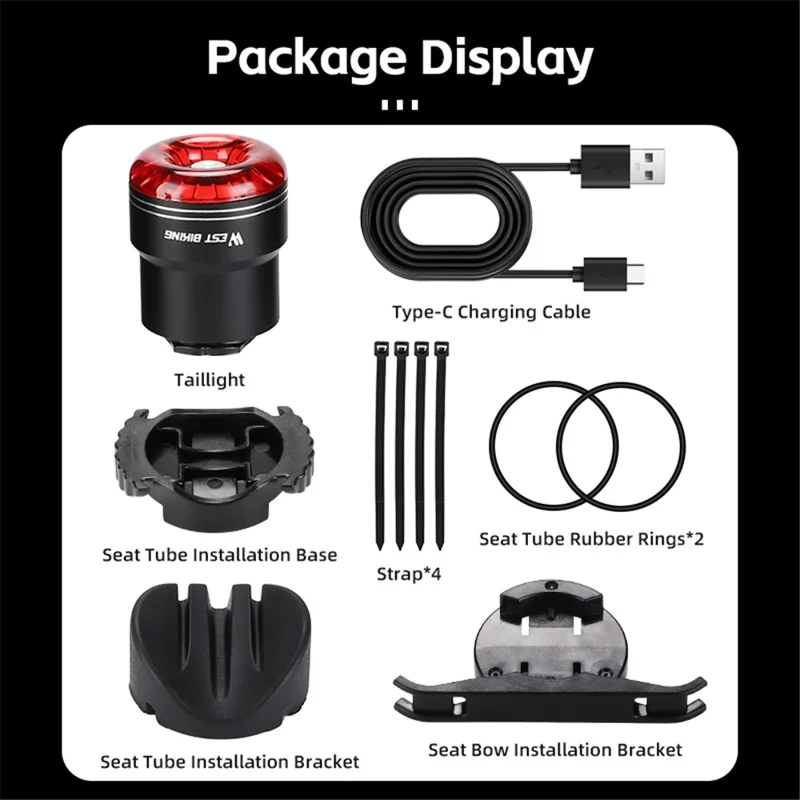 WEST BIKING W4S Intelligent Taillight Bicycle Brake Sensor Cycling Tail Lights - Red / Flat