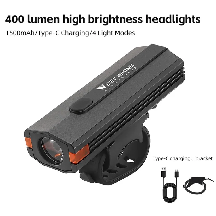 WEST BIKING YP0701407 Lampe avant en plastique pour vélo 400LM Torche de cyclisme de nuit - Noir
