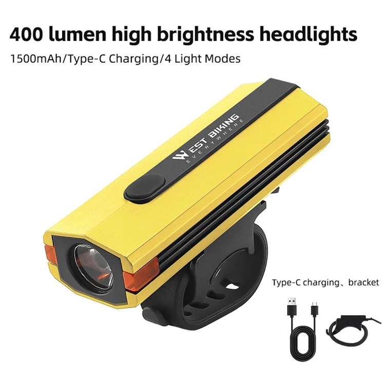 WEST BIKING YP0701407 Plastic Bicycle Headlight 400LM Night Cycling Torch Bike Front Light - Yellow