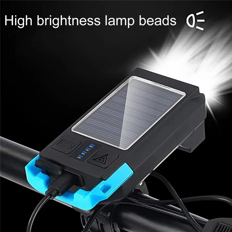 BG-1706 USB+Solar Rechargeable Bike Lights Waterproof 6 Light Modes Bicycle Dual Headlight with Horn Alarm - Blue