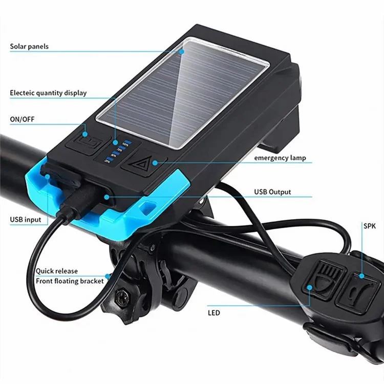 BG-1706 USB+Solar Rechargeable Bike Lights Waterproof 6 Light Modes Bicycle Dual Headlight with Horn Alarm - Blue