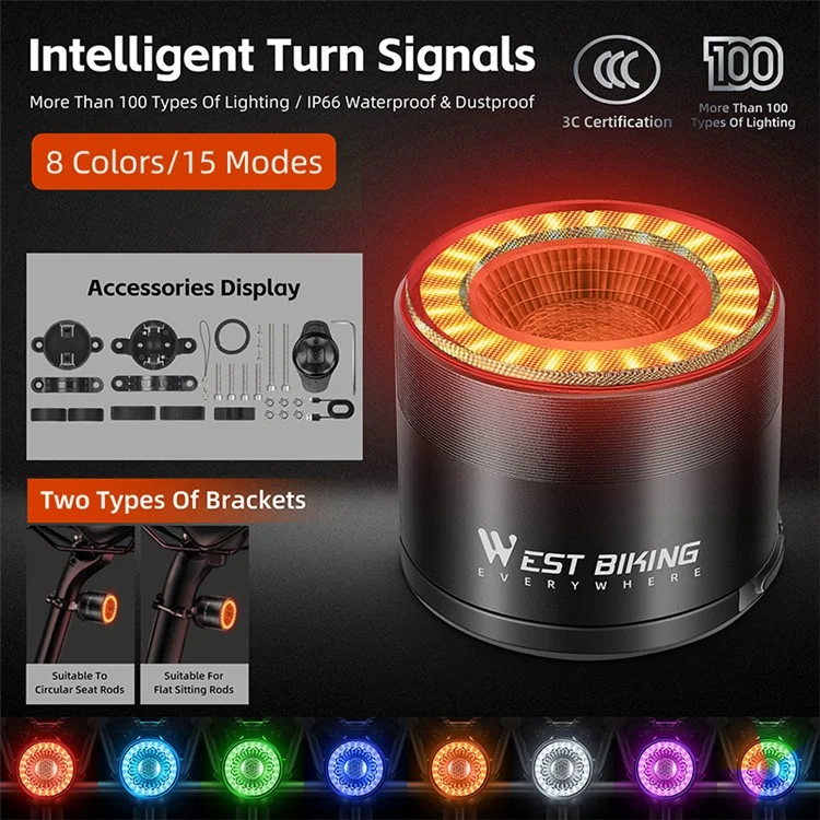WEST BIKING YP0701420 Smart Sensing Bike Light Colorful LED MTB Taillight Warning Lamp