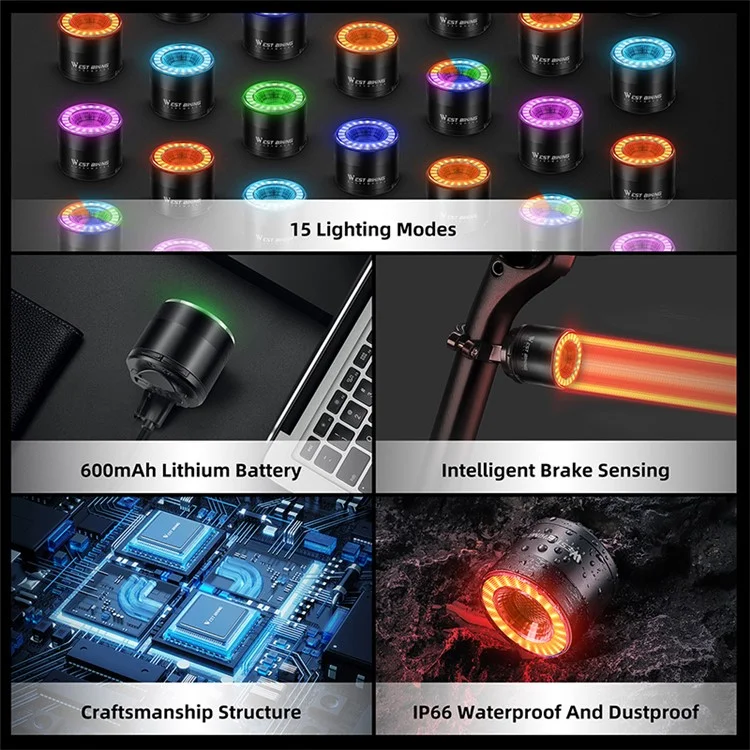 WEST BIKING YP0701420 Smart Sensing Bike Light Colorful LED MTB Taillight Warning Lamp