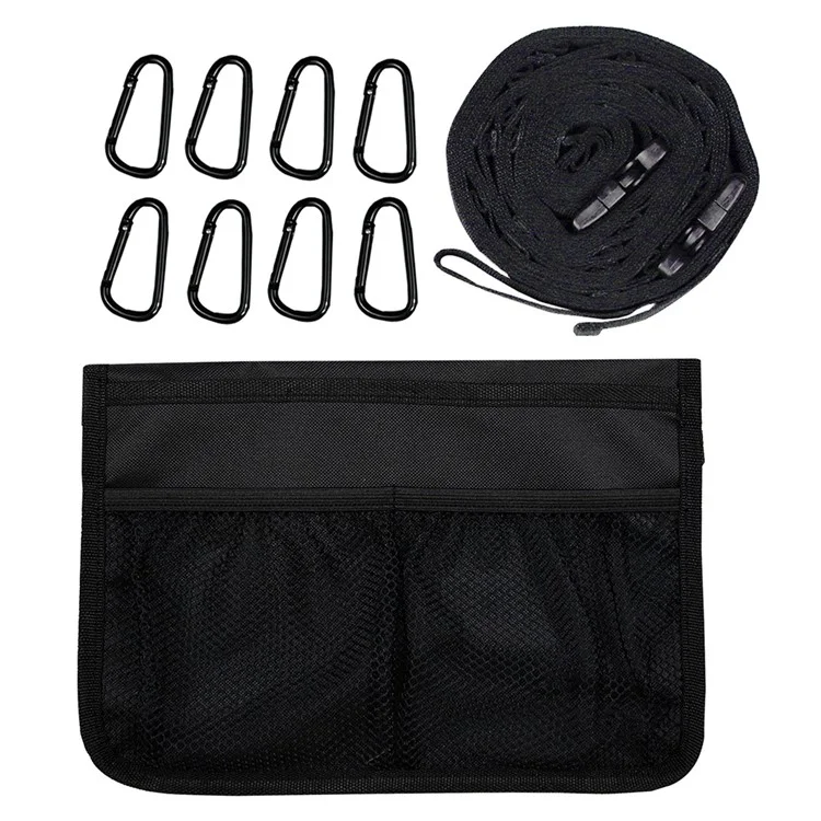 Polyester Magic Tape Storage Strap with 8 Carabiners to Hang Camping Gears - Black