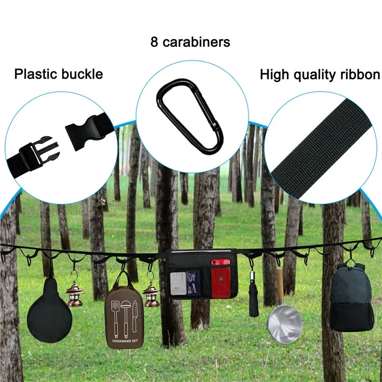 Polyester Magic Tape Storage Strap with 8 Carabiners to Hang Camping Gears - Black