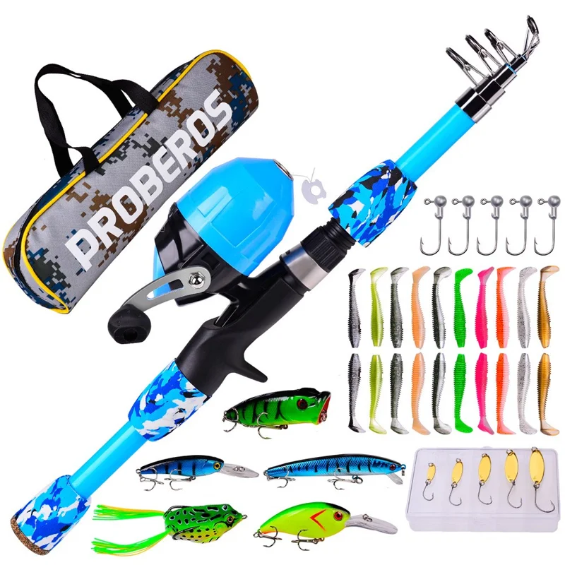 PROBEROS KFSAN12 1.5m Fishing Rod Camo Fishing Pole Combo Set with Mini Lures - Blue