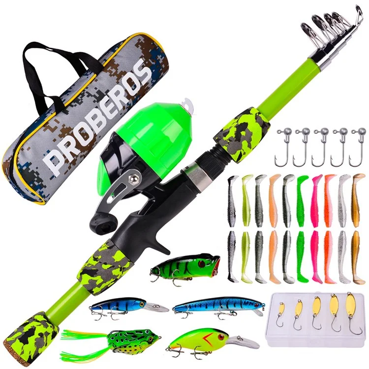 PROBEROS KFSAN12 Conjunto de vara de pesca de 1,8 m com mini iscas, vara de pesca retrátil - Verde 