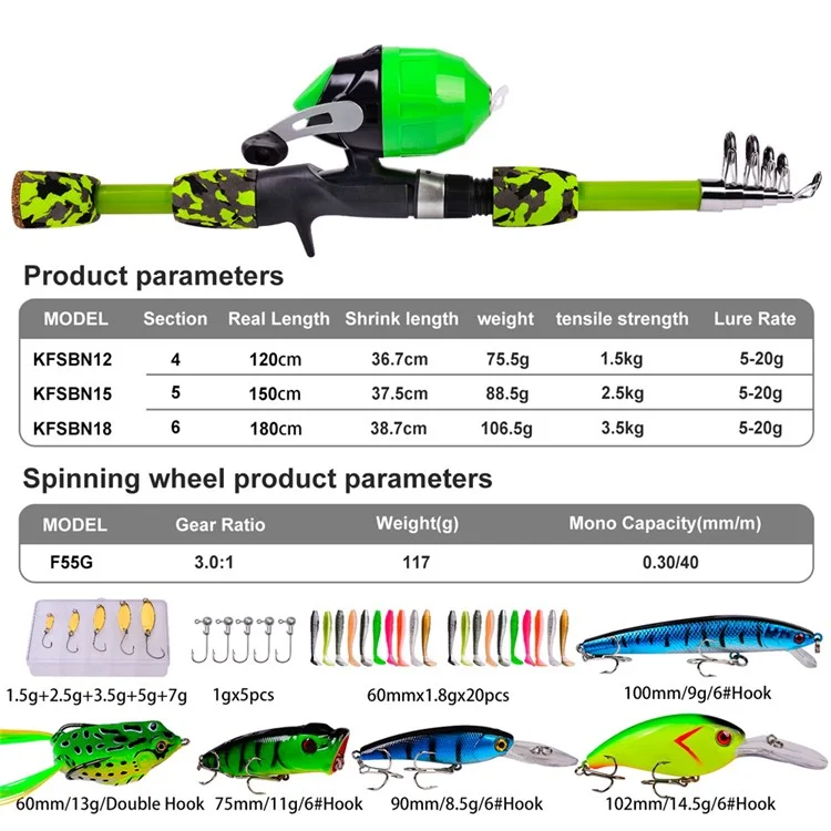PROBEROS KFSAN12 Conjunto de vara de pesca de 1,8 m com mini iscas, vara de pesca retrátil - Verde 
