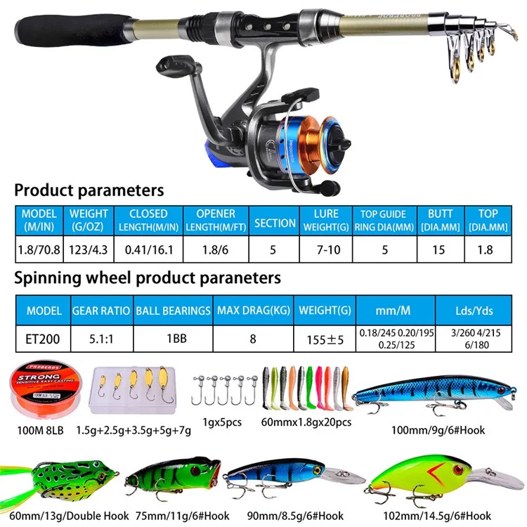 PROBEROS HWCSET068 Set da Pesca con Mulinello da 1,8 m, Esche