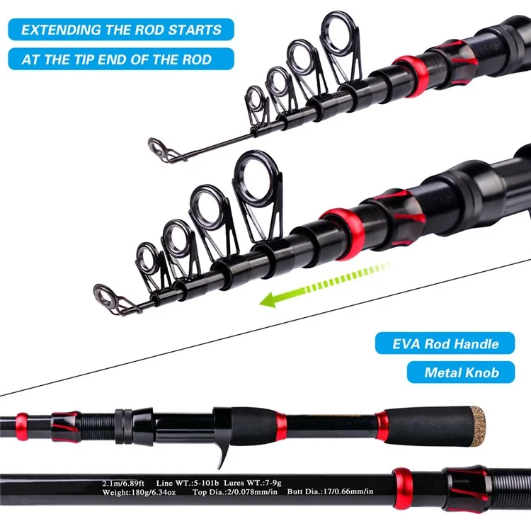 PROBEROS HWCSET100 2.1m Carbon Fishing Rod Pole Reel Combo with Line Lure Hook - Left-Hand Reel
