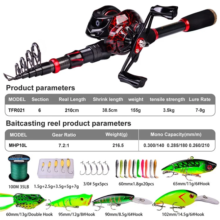 PROBEROS HWCSET100 2.1m Carbon Fishing Rod Pole Reel Combo with Line Lure Hook - Left-Hand Reel