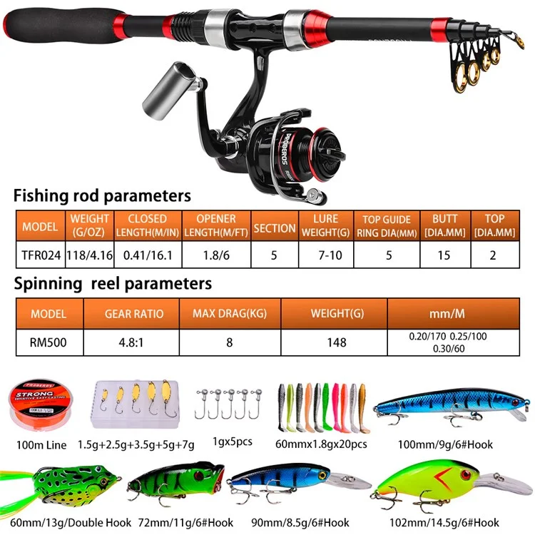 PROBEROS HWCSET101 Vara telescópica de 1,8 m Linha de Carretel de Pesca com Bolsa de Transporte 