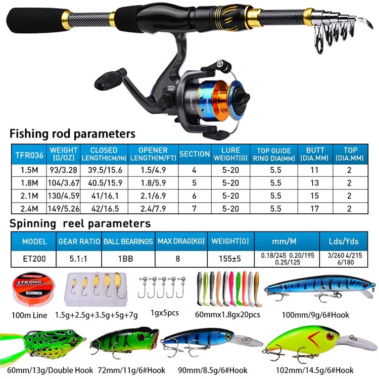 Perceros HWCSET106 1.8m Fibra de Vidrio Telescópico Coda de Pesca ET200 Carretón de Carrete Giratorio Combo Combo Kit