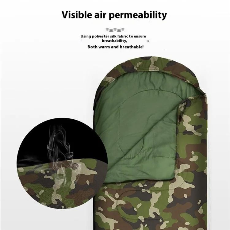 Saco de dormir tipo sobre para camping al aire libre con capucha para adultos, de algodón hueco y cálido, 1.8 kg / -5 ~ 15 grados Celsius - Camuflaje de la selva